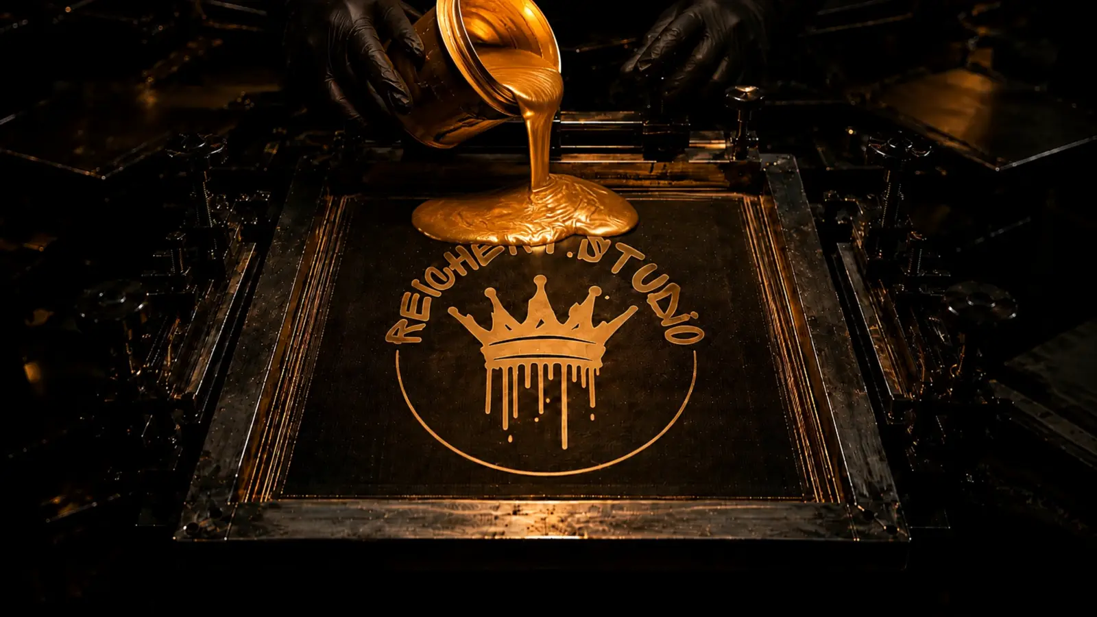Goldene Siebdruckfarbe wird auf das Sieb gegossen